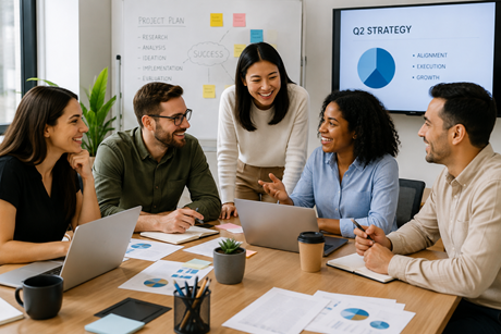 Team collaborating calmly in a bright modern office meeting room